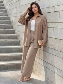 Auveirra Western Style Beach Vacation Solid Color Faux Denim Linen Loose Casual Plus Size Women 2 Pieces Set, Spring/Autumn Lounge Sets For Women Elegant - Khaki - View 5