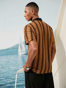 Rafferiza Men's Casual Striped Short Sleeve Shirt, Summer - Coffee Brown - View 2