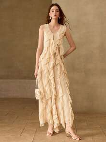 MOTF PREMIUM VESTIDO ELEGANTE DE MUJER CON VOLANTES LARGOS, PRIMAVERA/VERANO - Albaricoque - Ver 4