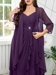 Reflora Plus Size Elegant Party Formal Wedding Guest Solid Color Jacket With Ruffle Trim Spaghetti Strap Wrap Dress 2-Piece Set Dark Purple Autumn Fall - Purple - View 2