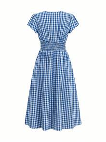 Gownix Vestido feminino xadrez confortável de comprimento midi com bolsos, ideal para o verão. - Azul e branco - Ver 2