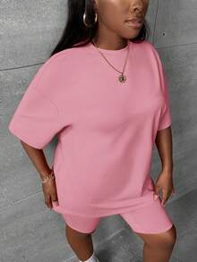 Slaydiva Women's Casual Solid Color Round Neck Drop Shoulder Short Sleeve T-Shirt And Shorts Set, Summer - Dusty Pink - View 3