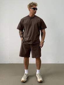 DAZY Conjunto de camisetas de verano de color marrón sólido para hombre - Marrón - Ver 4