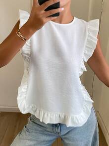 Livesso Áo kiểu nữ trơn màu cổ tròn, bèo nhún, phong cách thường ngày. - trắng - Xem 4