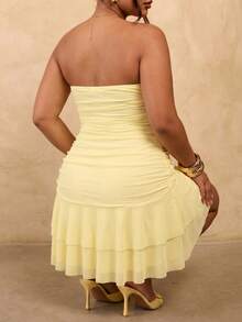 SHEIN Tall CURVE CURVE Plus Size Women's Tall Yellow Summer Elegant Night Out Club Ruched Fitted Tube Dress,High-Waisted Wedding Guest Party Dresses - Light Yellow - View 6