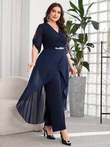 SHEIN Clasi Mono de talla grande con decoración de strass, parches de encaje y volantes - Azul Marino - Ver 5