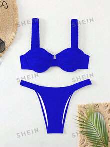 SHEIN Swim 女時尚夏季海灘純色褶飾比基尼套裝 - 寶藍色 - 查看 3