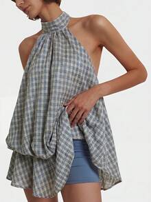 Poéselle Women's Vintage Plaid Halter Backless Mini Dress, Summer,Dresses For Women Summer - Blue - View 6