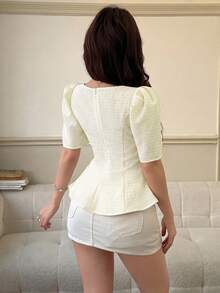 Feyla Áo kiểu nữ thanh lịch họa tiết hoa, tay bồng viền ren, thích hợp cho mùa hè. - Màu be - Xem 3