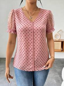 RosyDaze Women's Fashionable French Polka Dot Chiffon Blouse, Intellectual Elegant Short Sleeve Ruffle Design Shirt For Summer - Pink - View 7