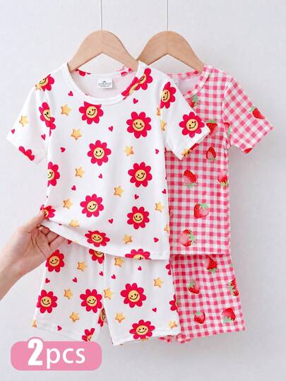 SHEIN 4-7岁女童笑脸花朵格纹草莓印花短袖短裤两件套，夏季透气休闲套装，女童服装