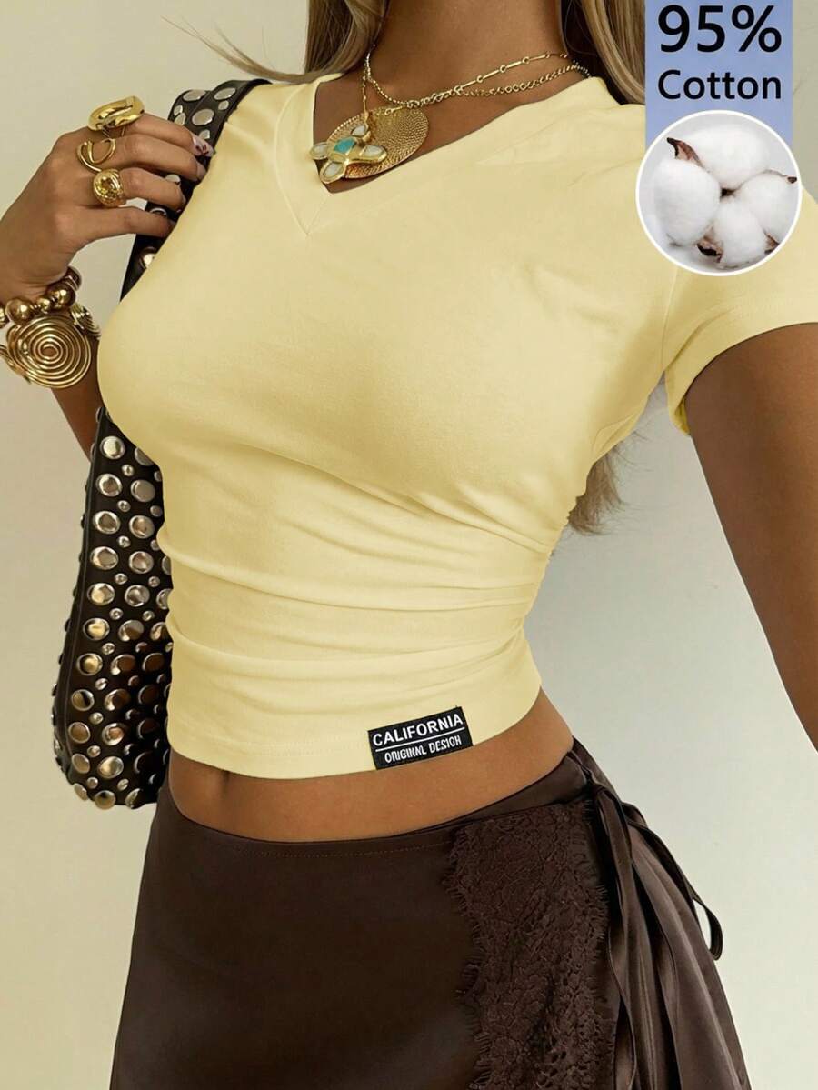 SHEIN EZwear 芥末黄针织女式修身V领短袖T恤 - 鵝黃色 - 查看 1