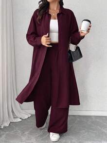SHEIN EMERY ROSE CURVE 大码褶皱纹理面料长袖衬衫搭配宽松直筒裤两件套休闲装 - 紅色 - 查看 5