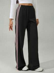 SHEIN Tall 女款彈性腰側條紋寬腿鬆款休閒運動長褲，返校季，高個女性適用 - 黑色 - 查看 4