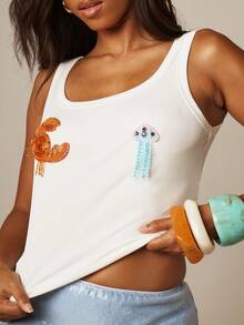MISSGUIDED Ribbed Crop Tank Top With Novelty Sequin Applique Embellishment Scoop Neck Sleeveless Summer Top - White - View 5