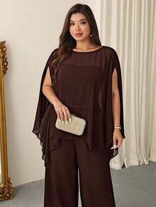 Firerie Plus Size Women's Solid Color Round Neck Asymmetric Hem Chiffon Blouse Fall - Coffee Brown - View 6