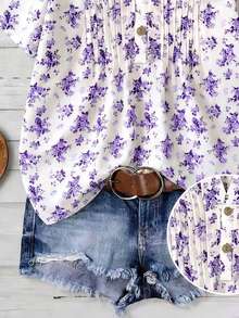 Franclia Plus Size Women Ditsy Floral Short Sleeve Button Design Casual Elegant Shirt Vacation White Summer - Purple - View 4