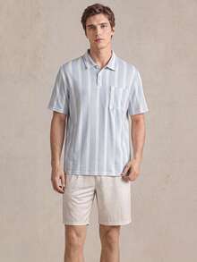 EverLounge 春夏时尚休闲复古条纹 Polo 衫和波浪印花短裤男士家居服套装 - 彩色 - 查看 3