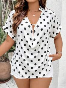 Elenzga Plus Size Summer Casual Polka Dot Print Loose Collar Shirt - Black and White - View 4