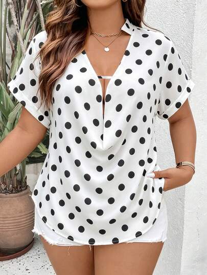 Elenzga Plus Size Summer Casual Polka Dot Print Loose Collar Shirt