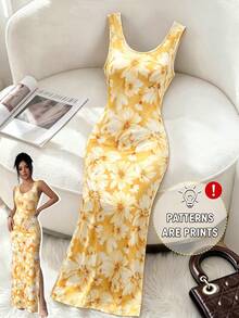 SHEIN Elenzya Exquisite Printed Chinoiserie Waist-Cinching Slit Luxurious Retro Middle Eastern UAE Style Robe, Tight Fit, Multi-Color, Sleeveless - Yellow - View 1