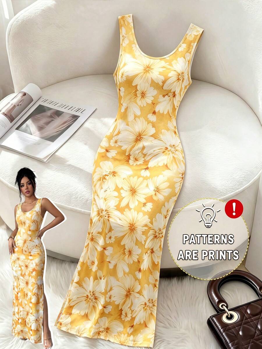 SHEIN Elenzya Exquisite Printed Chinoiserie Waist-Cinching Slit Luxurious Retro Middle Eastern UAE Style Robe, Tight Fit, Multi-Color, Sleeveless - Yellow - View 1