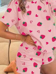 Cute Heart & Strawberry Print, Tween Girls Casual Minimalist Round Neck Short Sleeve Shorts Pajama Set, Suitable For Summer - Multicolor - View 4