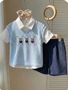 SHEIN 男童休闲校服三件套，包括背心、条纹衬衫和短裤，适合生日派对、晚宴、演出、婚礼、学校活动、洗礼、一周岁生日庆祝、迎婴派对等场合，春夏秋季皆宜。 - 彩色 - 查看 3