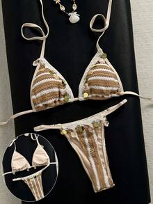 Swim Mod 女款新款條紋對比色紋理面料比基尼，貝殼織帶配件，貝殼比基尼泳裝套裝，適合海灘度假、約會、派對，時尚優雅性感比基尼，繫帶式比基尼 - 彩色 - 查看 4