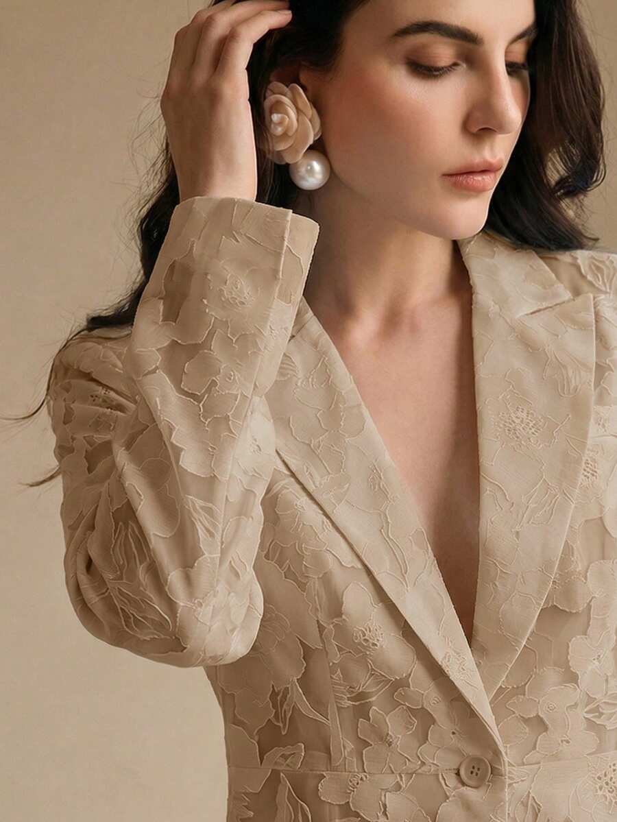 Anewsta Elegant Hollow Out Random Jacquard Floral Design Casual Thin Versatile Women's Suit Set, Suitable For Spring To Summer, Holiday Outfits For Women - Khaki - View 1