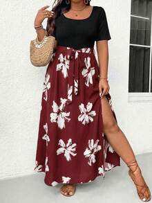 SHEIN Frenchy Plus Size Solid Color Leopard Patchwork Simple Daily Short Sleeve Dress For Women Fall Clothes - Red - View 7