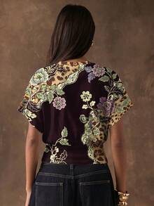 SHEIN BAE Áo thun nữ tay cánh dơi dáng lửng, in họa tiết da báo và hoa - Nhiều màu - Xem 2
