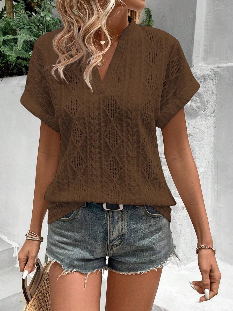 EMERY ROSE Women's Fashionable Versatile Rhombus Jacquard V-Neck T-Shirt, Suitable For Daily Wear And Vacation - Coffee Brown - View 1