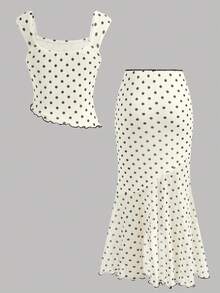 SHEIN Girlism Tween Girls' Casual Polka Dot Print Contrast Ribbon Decor Asymmetric Hem Camisole And Tulip Hem Skirt Set - Beige - View 2