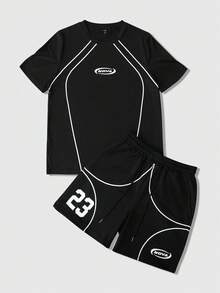 ROMWE MEN Street Life World Cup Men's Contrast Color Print Round Neck Short Sleeve T-Shirt And Shorts Set - Black - View 7