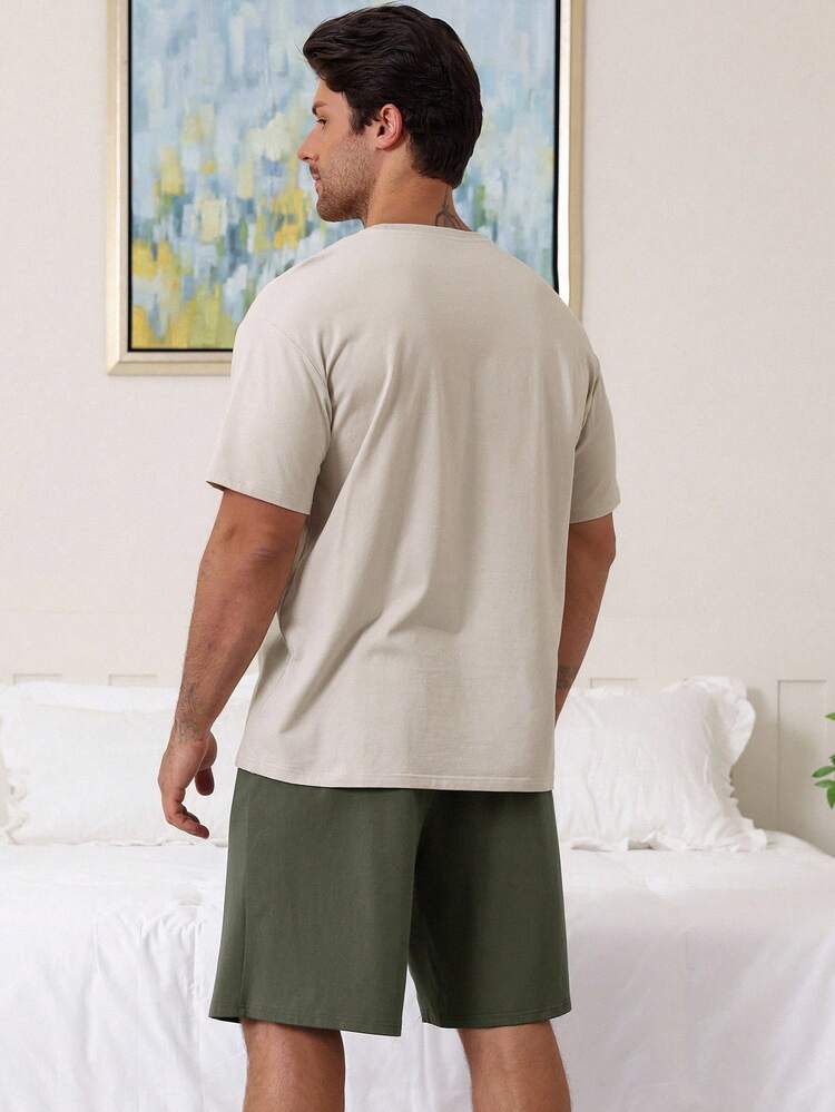 Men's Summer Multi-Color Beige T-Shirt And Military Green Shorts Pajama Set