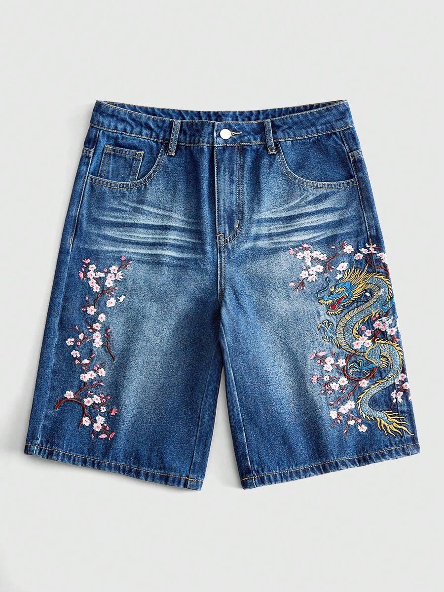 ROMWE MEN Women's Floral & Dragon Pattern Pocket Casual Denim Shorts - Blue - View 1