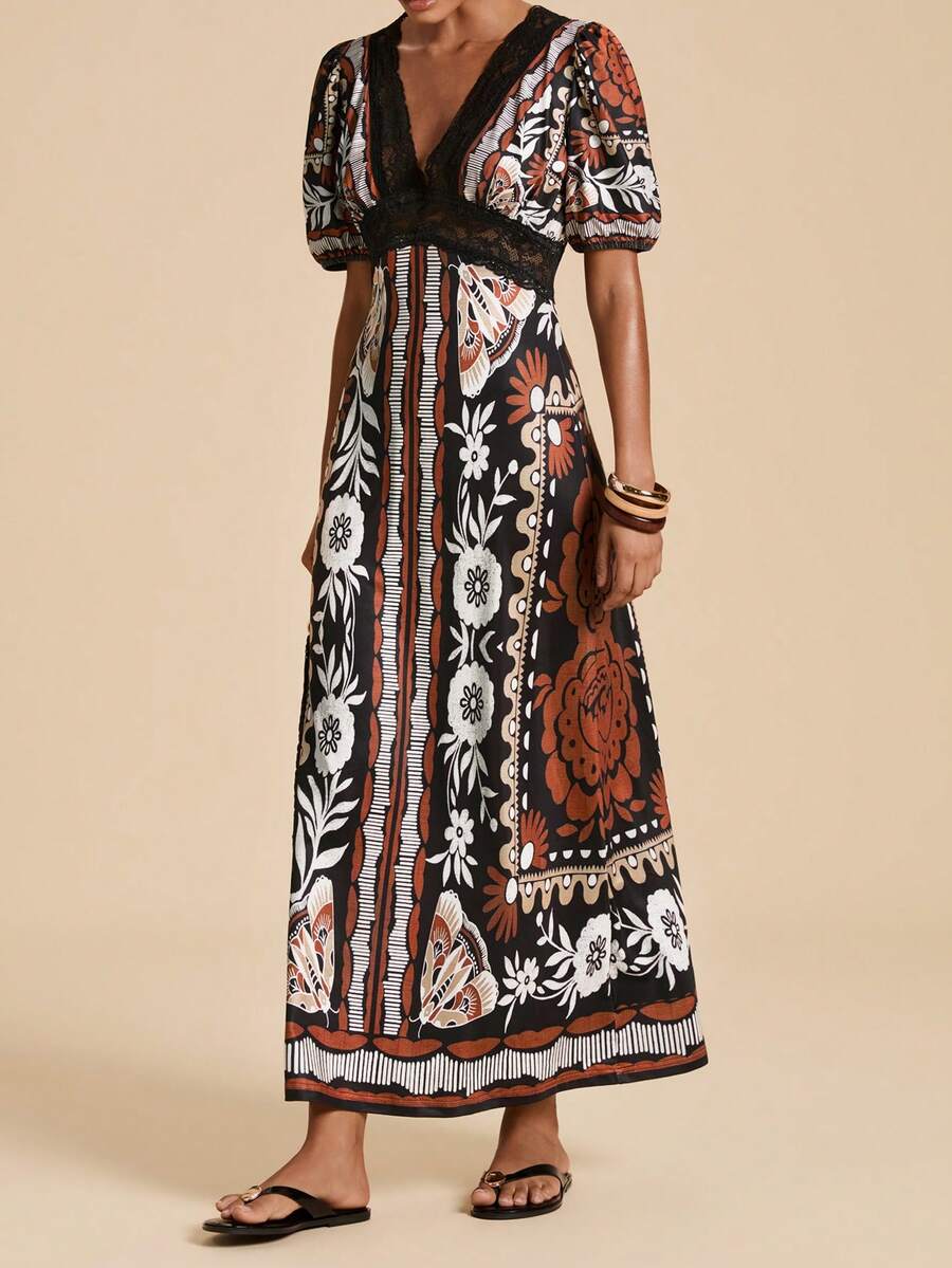 Travachic Abito lungo vintage da donna con scollo a V, maniche a petalo, pizzo e patchwork, adatto per l'estate - Multicolore - Visualizzare 1