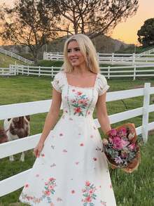 SHEIN MOD Women's Elegant Floral Print Square Neck Puff Sleeve Midi Dress,White And Pink Summer Casual French Style Picnic Tea Party Mid-Length Chic Dresses - Multicolor - View 3