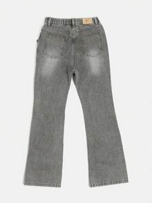 SUMWON Vintage Washed Denim Jeans With White Floral Print Design Straight Leg Casual Pants Retro Style - Grey - View 2
