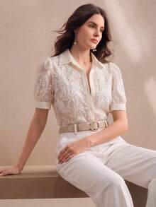 Anewsta New Summer Floral Embroidery & Beaded Decoration Symmetric Blouse For Women - Beige - View 5