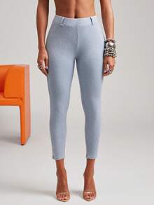NYA SZN Quần skinny dệt kim gân màu trơn dáng casual dành cho nữ, thích hợp cho công sở và đi làm. - Màu xanh lam - Xem 2