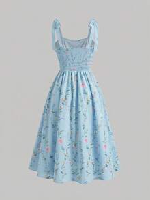 SHEIN MOD 大码女式碎花系带露肩优雅中长连衣裙，适合度假、夏季、休闲穿搭、复古风、乡村风、外出、教师装、约会、野餐、派对、舞会、节日、生日等场合，也可作为田园风、下午茶、挤奶女工风、法式风或碎花连衣裙穿着。 - 藍色 - 查看 2