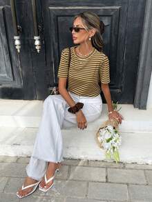 SHEIN Frenchy Áo thun nữ thời trang kẻ sọc phối màu tương phản cổ tròn tay ngắn đa năng - màu nâu - Xem 6