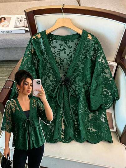 GlowEve CURVE Áo khoác cardigan nữ cỡ lớn cổ chữ V, thắt nơ phía trước, chất liệu xuyên thấu, cổ choàng, tay lửng, thêu, khoét lỗ.
