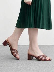 CUCCOO BIZCHIC Ladies Burgundy Crossed Thick High Heel Sandals, Square Head Comfort High Heel Sandals Commuter Style Sandals - Burgundy - View 3