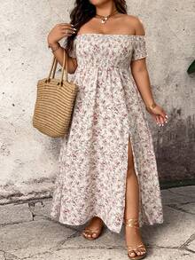 SHEIN CURVE+ Plus Size Casual Cottage Core Off-Shoulder Loose Fit Floral Print Split Hem Short Sleeve Dress Vacation Beige Summer - Multicolor - View 4