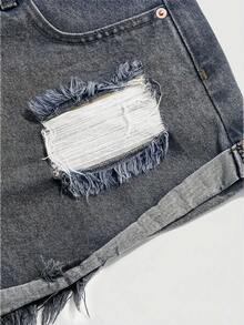 ROMWE Grunge Punk Women's Loose Casual Distressed Denim Shorts With Pockets - Blue - View 4