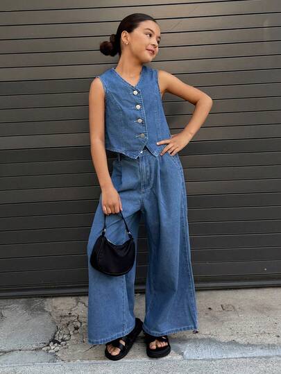 Dazy Kids Loose Sleeveless Vest Top + Loose Straight Leg Jeans Pants Girls (Plus Size) Denim Set