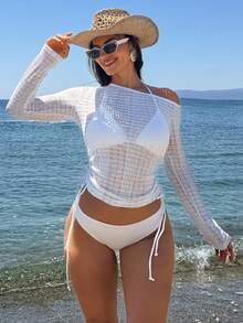 Livesso 3pcs Women Textured Bikini Top, Bottoms And Cover-Up Sexy Swimwear Beach Outfit - White - View 6